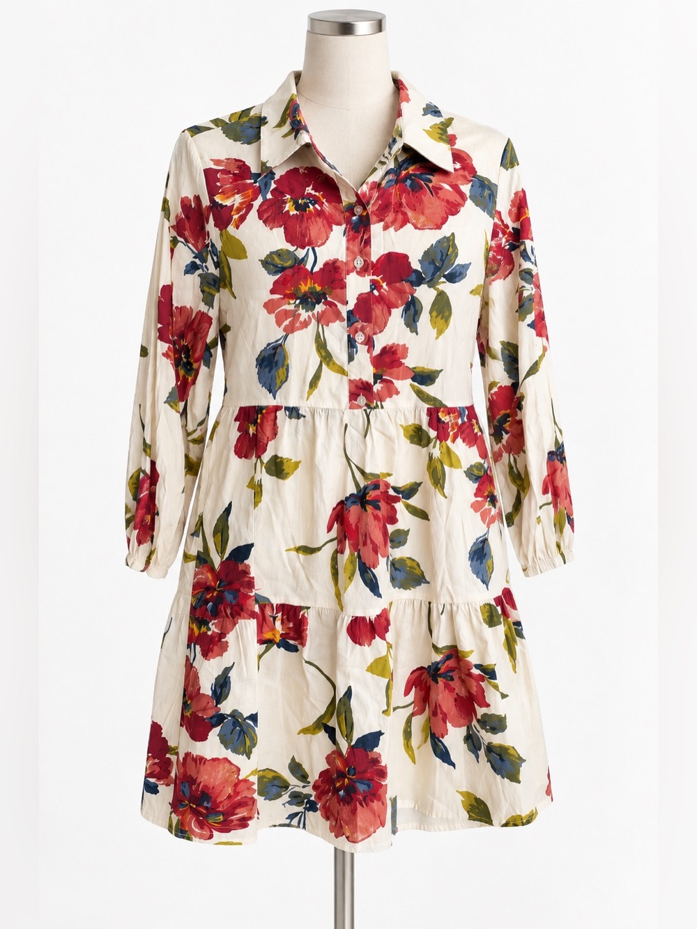 Tahari Arthur S. Levine Floral Long Sleeve Tiered Shirt Dress Size XS NWT
